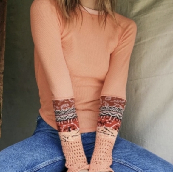 NWT Free People Mix Thermal Cuff Long Sleeve Top Y2K women boho - Picture 3 of 13